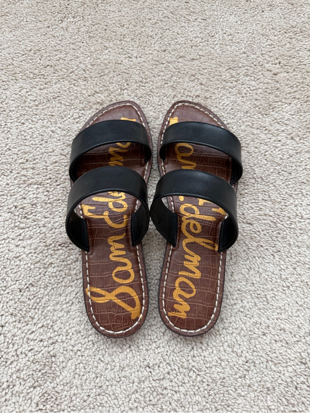 Sam Edelman Black Double Band Slide Sandals with Brown Footbed
